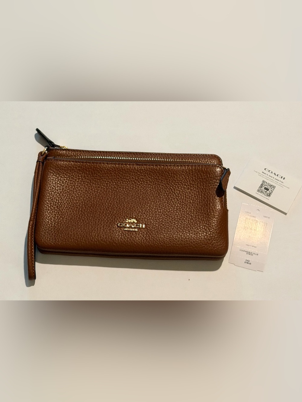 New Coach Brown Pebbled Leather Zip Wallet with Gold Logo
